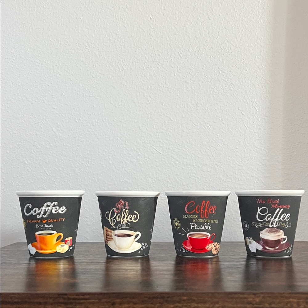 Set of 4 Espresso Cups Coffee Theme Ceramic Café Style